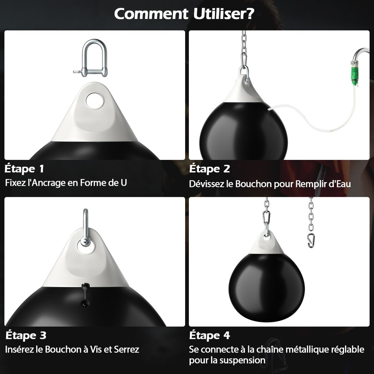 Sac De Frappe À Eau Avec Crochet Chaîne Métallique Réglable Boucles D'Assurance Et Injection D'Eau Pour Boxe Suspendue Charge Max 50KG Blanc/Noir/Bleu/Rouge