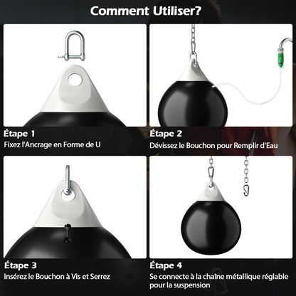 Sac De Frappe À Eau Avec Crochet Chaîne Métallique Réglable Boucles D'Assurance Et Injection D'Eau Pour Boxe Suspendue Charge Max 50KG Blanc/Noir/Bleu/Rouge