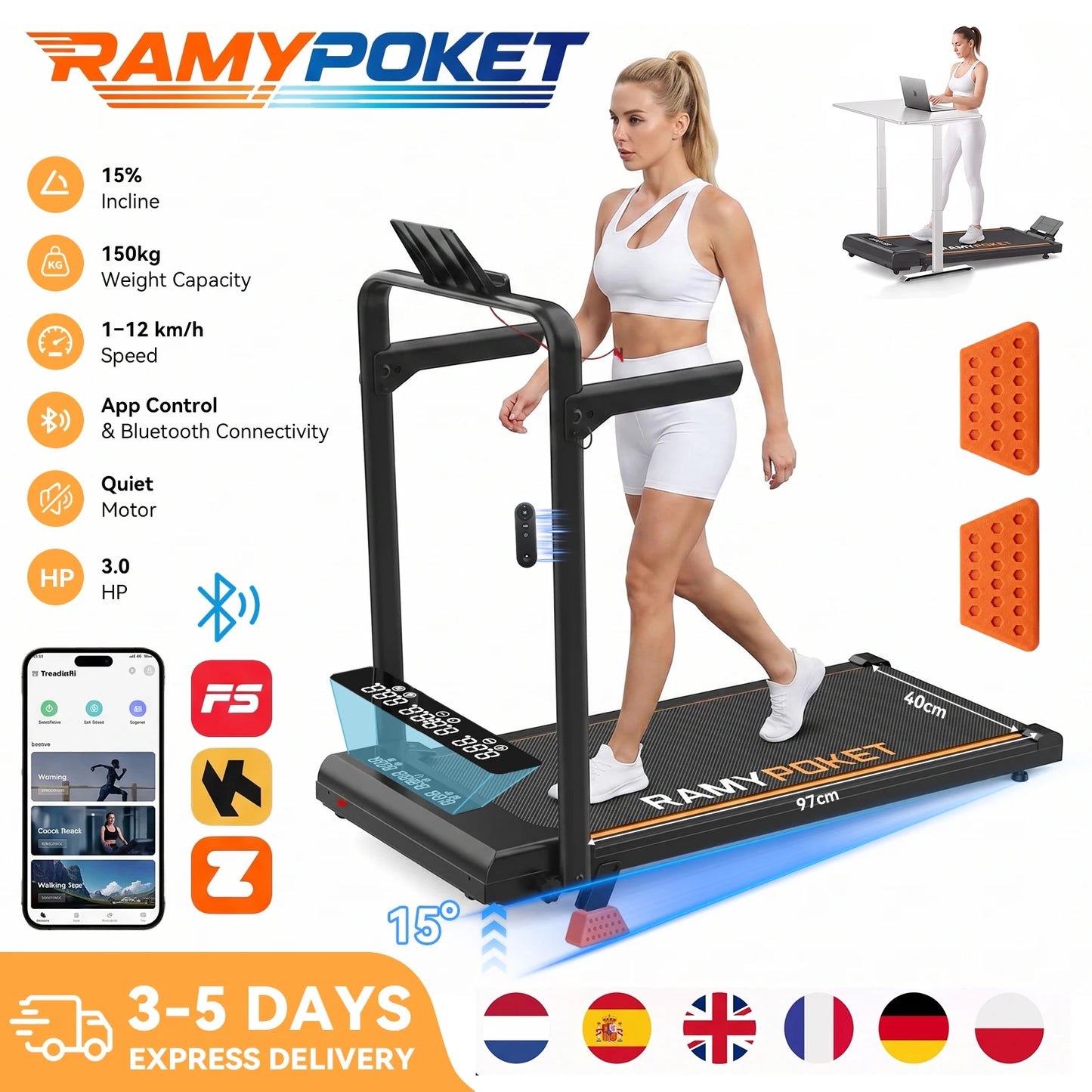 Foldable Incline Walking Pad 15%, Treadmill 12 Km/H, App/Led, Desk Walking Pad 150Kg Max Load