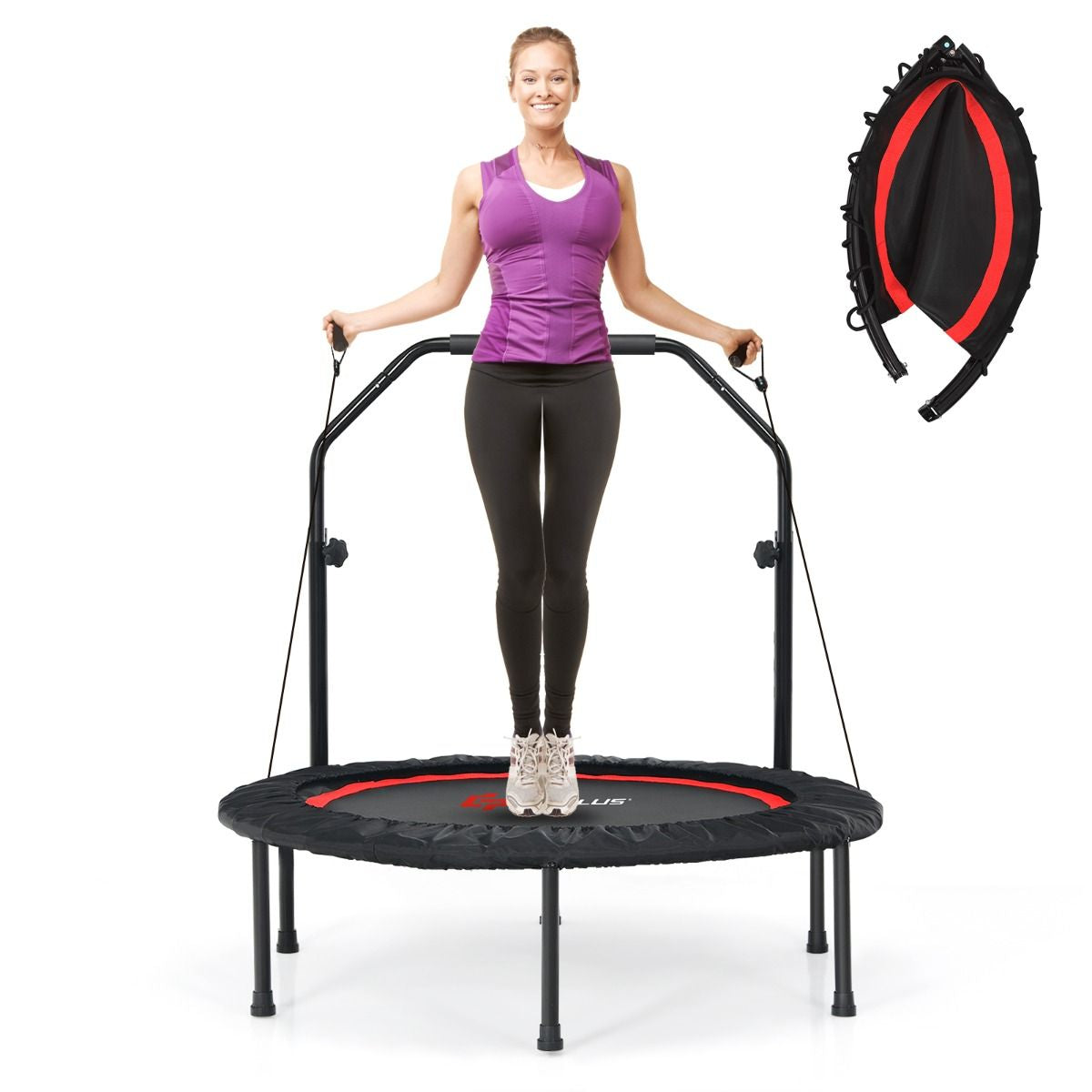 Trampoline De Fitness Pliable 101Cm Avec 2 Bandes De Résistance Main Courante Hauteur Réglable Charge 150 Kg Pour Enfants Bleu/Vert/Rouge