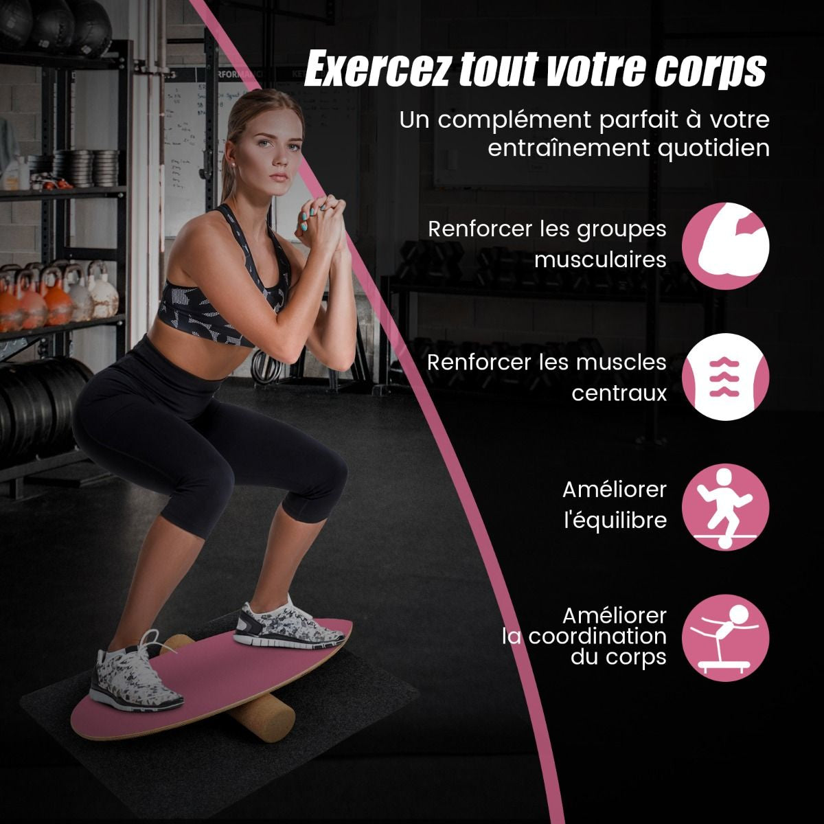 Planche D’Entraînement Pour L’Équilibre Avec Rouleau Et Tapis Antidérapant Pour Skateboard Hockey Snowboard 8 Couleurs Au Choix