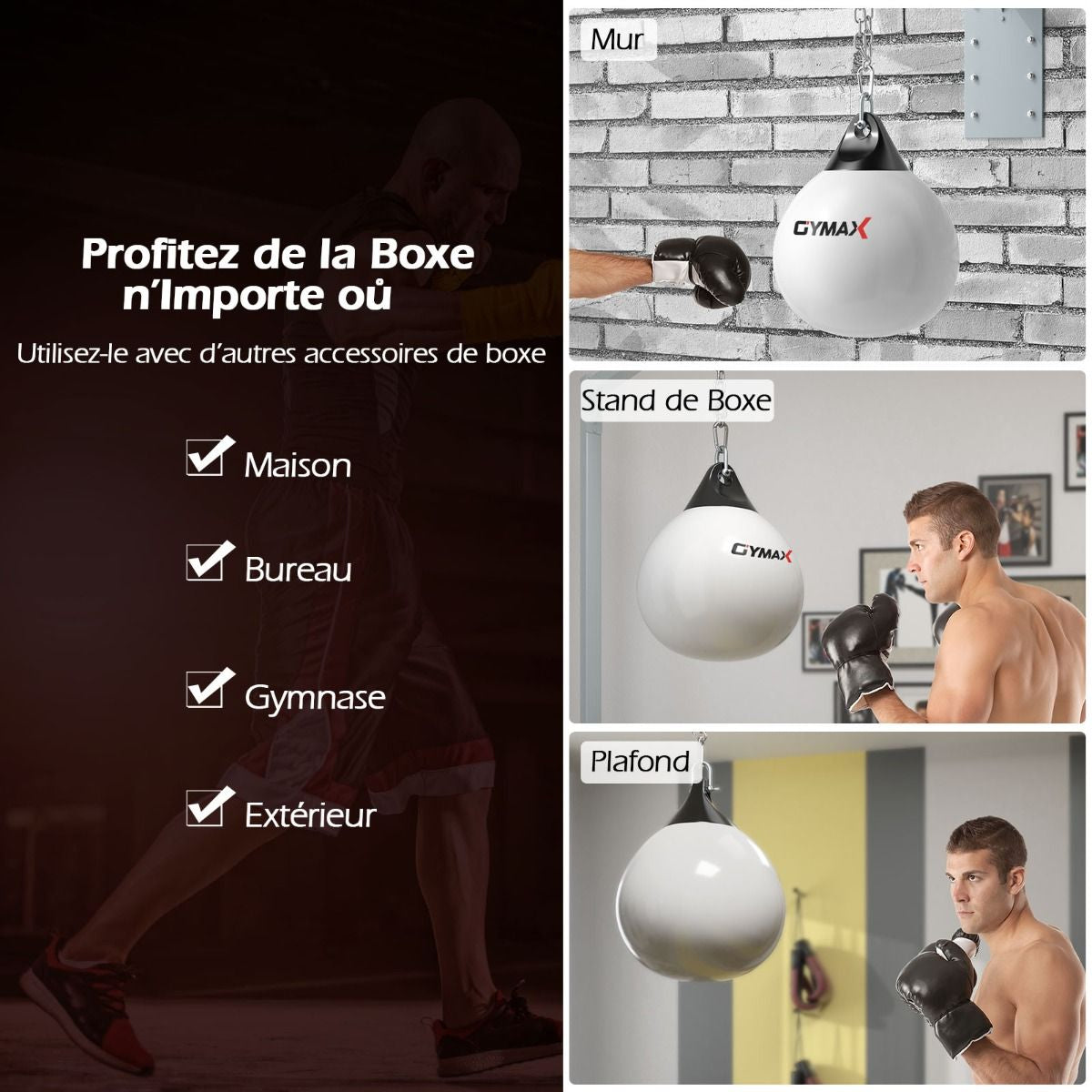 Sac De Frappe À Eau Avec Crochet Chaîne Métallique Réglable Boucles D'Assurance Et Injection D'Eau Pour Boxe Suspendue Charge Max 50KG Blanc/Noir/Bleu/Rouge