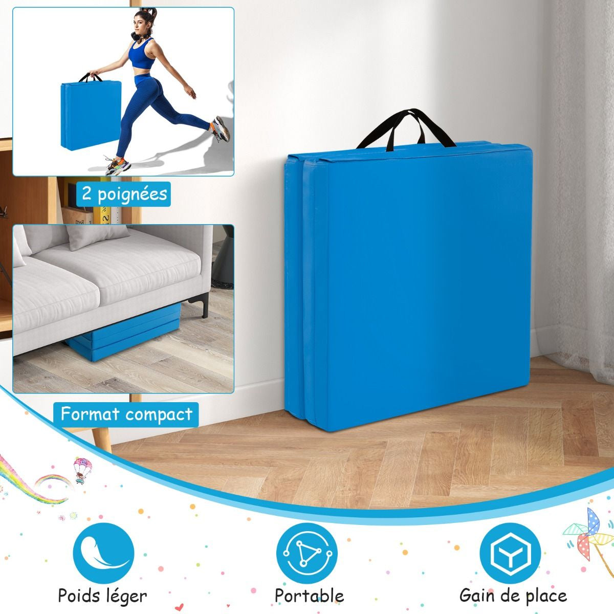 Tapis De Gymnastique Pliable En 3 Parties Antidérapant Avec 2 Poignées Tapis De Chute De Yoga 10 Couleurs Au Choix
