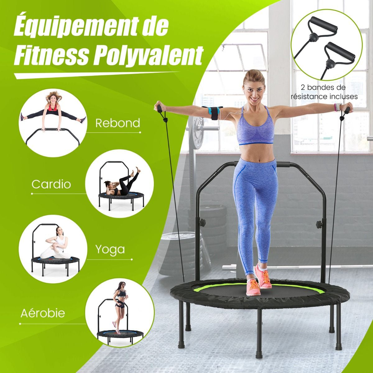 Trampoline De Fitness Pliable 101Cm Avec 2 Bandes De Résistance Main Courante Hauteur Réglable Charge 150 Kg Pour Enfants Bleu/Vert/Rouge