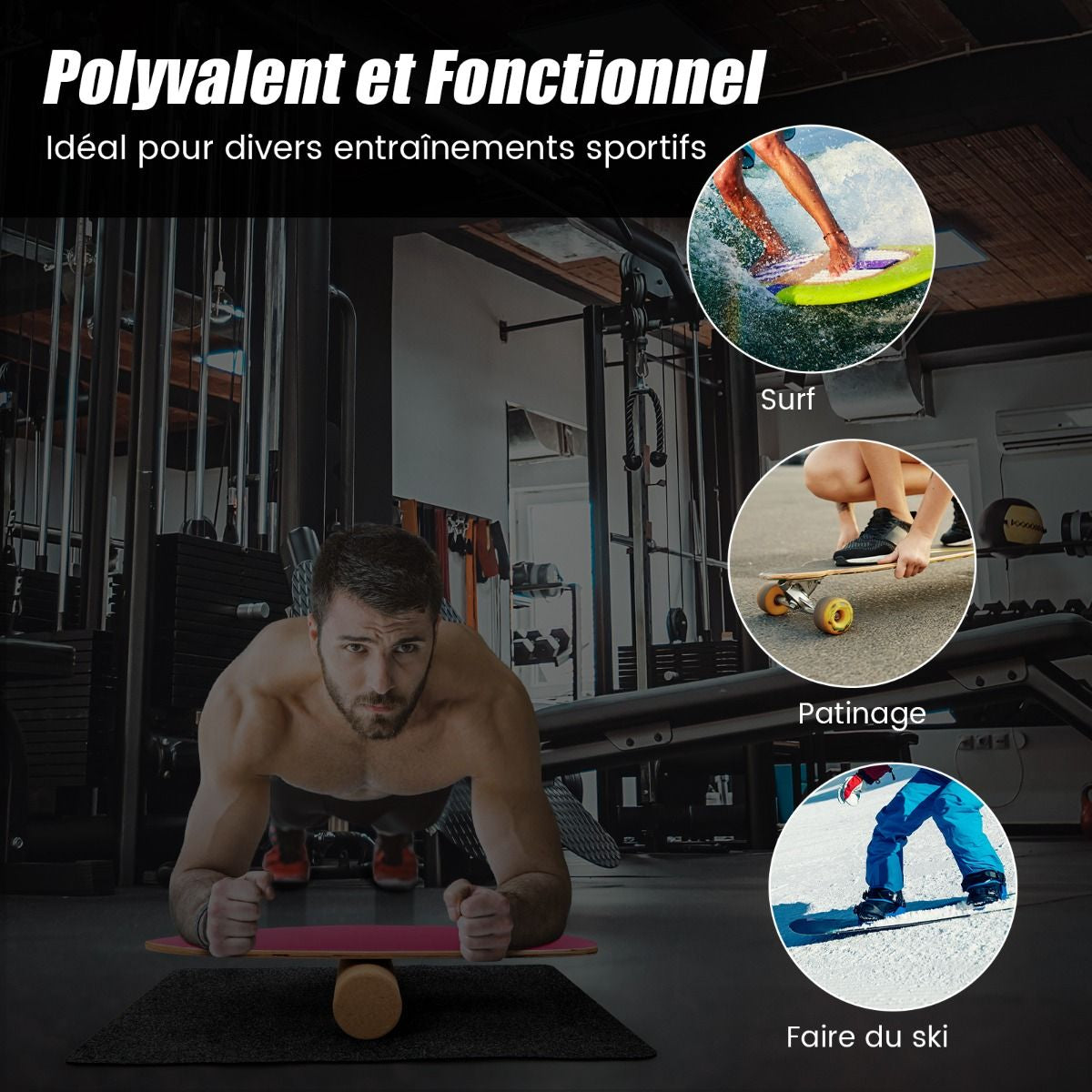 Planche D’Entraînement Pour L’Équilibre Avec Rouleau Et Tapis Antidérapant Pour Skateboard Hockey Snowboard 8 Couleurs Au Choix