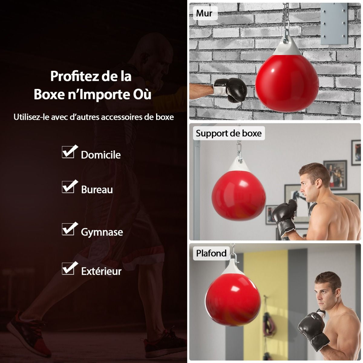 Sac De Frappe À Eau Avec Crochet Chaîne Métallique Réglable Boucles D'Assurance Et Injection D'Eau Pour Boxe Suspendue Charge Max 50KG Blanc/Noir/Bleu/Rouge