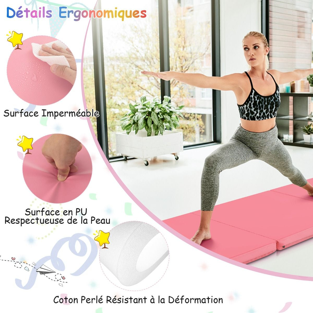 Tapis De Gymnastique Pliable En 3 Parties Antidérapant Avec 2 Poignées Tapis De Chute De Yoga 10 Couleurs Au Choix