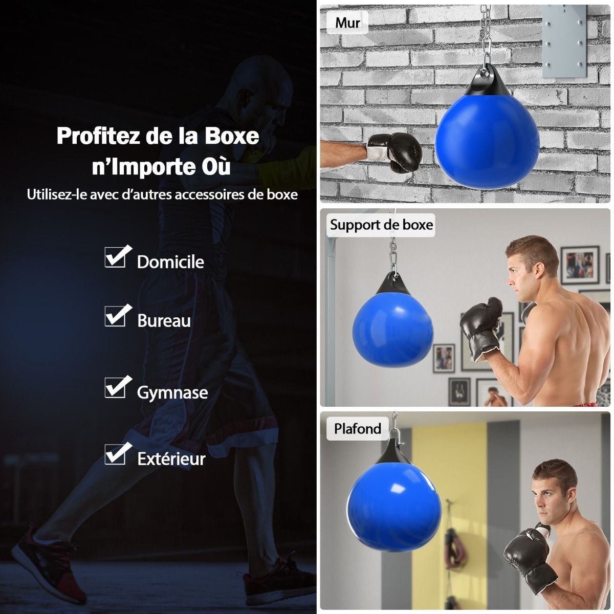 Sac De Frappe À Eau Avec Crochet Chaîne Métallique Réglable Boucles D'Assurance Et Injection D'Eau Pour Boxe Suspendue Charge Max 50KG Blanc/Noir/Bleu/Rouge