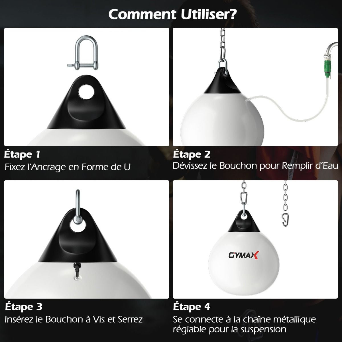 Sac De Frappe À Eau Avec Crochet Chaîne Métallique Réglable Boucles D'Assurance Et Injection D'Eau Pour Boxe Suspendue Charge Max 50KG Blanc/Noir/Bleu/Rouge