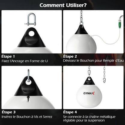 Sac De Frappe À Eau Avec Crochet Chaîne Métallique Réglable Boucles D'Assurance Et Injection D'Eau Pour Boxe Suspendue Charge Max 50KG Blanc/Noir/Bleu/Rouge
