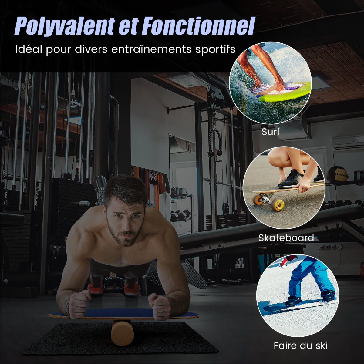 Planche D’Entraînement Pour L’Équilibre Avec Rouleau Et Tapis Antidérapant Pour Skateboard Hockey Snowboard 8 Couleurs Au Choix