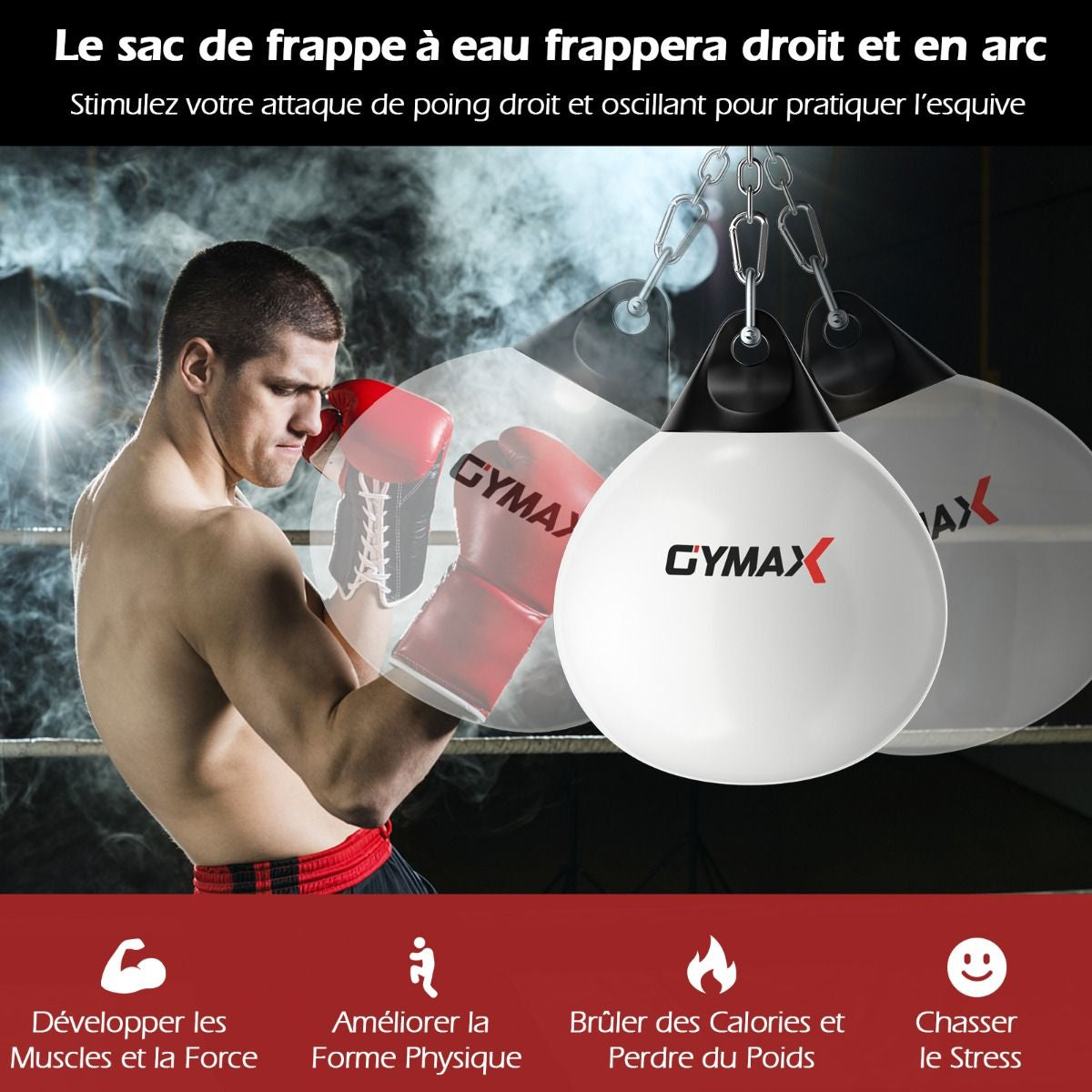 Sac De Frappe À Eau Avec Crochet Chaîne Métallique Réglable Boucles D'Assurance Et Injection D'Eau Pour Boxe Suspendue Charge Max 50KG Blanc/Noir/Bleu/Rouge