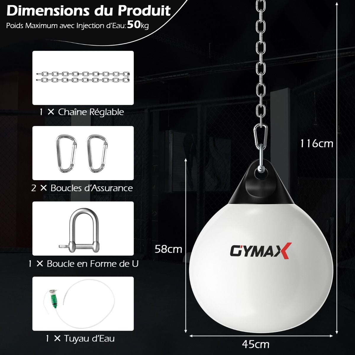 Sac De Frappe À Eau Avec Crochet Chaîne Métallique Réglable Boucles D'Assurance Et Injection D'Eau Pour Boxe Suspendue Charge Max 50KG Blanc/Noir/Bleu/Rouge