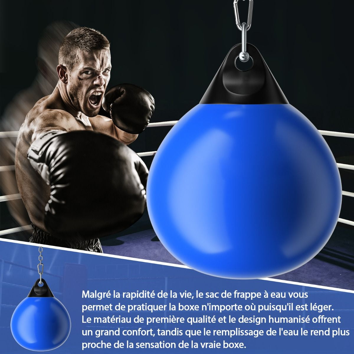 Sac De Frappe À Eau Avec Crochet Chaîne Métallique Réglable Boucles D'Assurance Et Injection D'Eau Pour Boxe Suspendue Charge Max 50KG Blanc/Noir/Bleu/Rouge