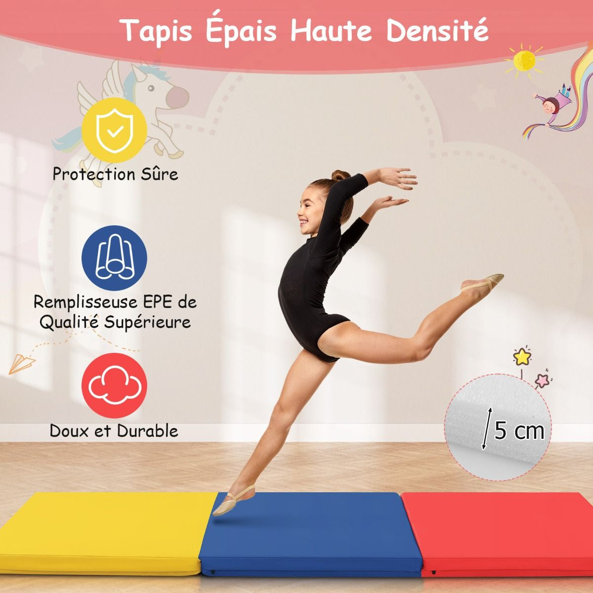 Tapis De Gymnastique Pliable En 3 Parties Antidérapant Avec 2 Poignées Tapis De Chute De Yoga 10 Couleurs Au Choix