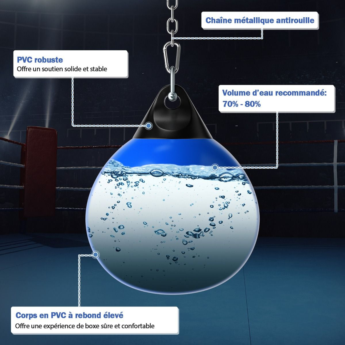 Sac De Frappe À Eau Avec Crochet Chaîne Métallique Réglable Boucles D'Assurance Et Injection D'Eau Pour Boxe Suspendue Charge Max 50KG Blanc/Noir/Bleu/Rouge