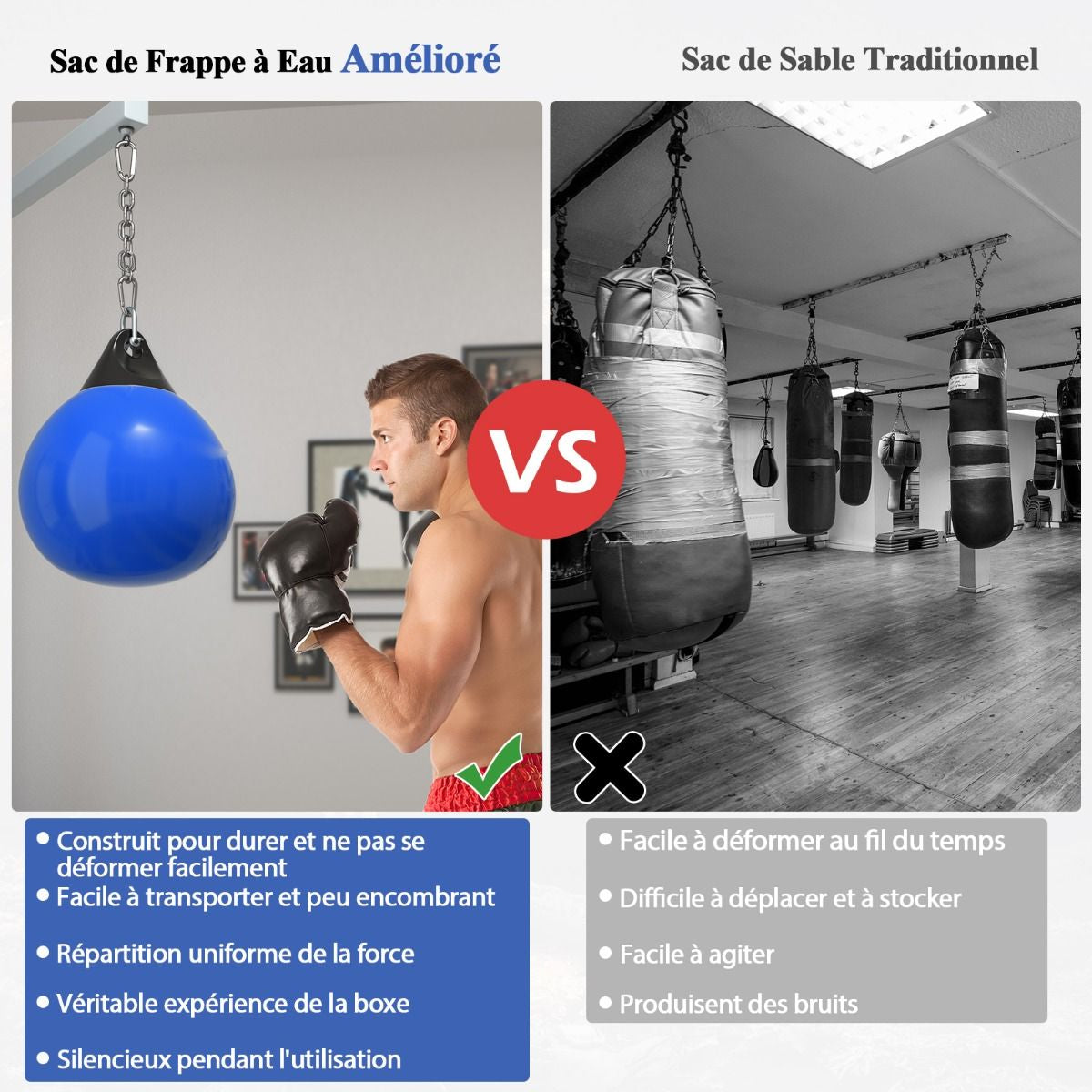 Sac De Frappe À Eau Avec Crochet Chaîne Métallique Réglable Boucles D'Assurance Et Injection D'Eau Pour Boxe Suspendue Charge Max 50KG Blanc/Noir/Bleu/Rouge