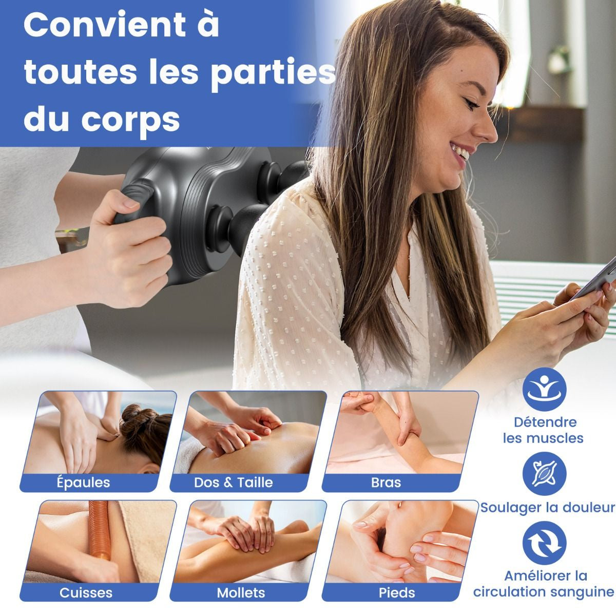 Pistolet À Fascia Avec 3 Têtes De Massage Commutables Appareil De Massage Avec Fonction De Massage En Profondeur 3 Modes 3 Intensités 15 Min